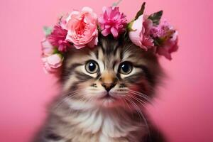 ai generado atigrado gato con flores en cabeza en un rosado antecedentes foto
