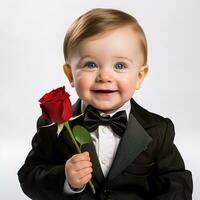 AI generated adorable smiling little baby boy in a black business suit holding a red rose in his hands, isolated on a white background photo