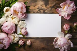 AI generated mockup white blank paper sheet with pink peonies top view on wooden background, template empty card flat lay for design with copy space photo