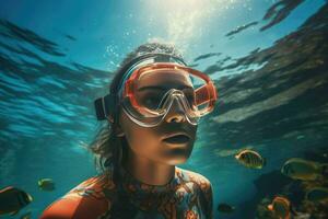 AI generated Young woman wearing snorkeling gear underwater, Underwater background of a woman snorkeling and doing freediving, Ai generated photo