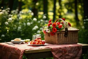 ai generado picnic cesta en el Manteles en verano jardín, verano picnic antecedentes. linda mimbre cesta con alimentos, frutas el Manteles en el césped, ai generado foto