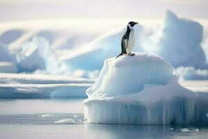 ai generado pingüino en hielo témpano de hielo antártico, pingüino flotador en el hielo témpano de hielo en el del Sur Oceano en Antártida en buscar de alimento, el efectos de global calentamiento ai generado foto