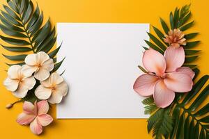 AI generated mockup white blank paper sheet with green tropical leaves and flowers top view on flowers background, stylish template empty card flat lay for design with copy space photo