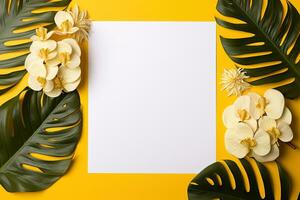 AI generated mockup white blank paper sheet with green tropical leaves and flowers top view on yellow background, template empty card flat lay for design with copy space photo