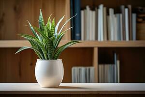 AI generated closeup house plant in white pot on the table with bookshelves on background photo