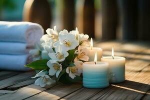 ai generado blanco toallas con blanco flores y Tres velas en un de madera mesa. spa composición foto