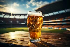 AI generated Glass of delicious golden beer on a wooden table at the stadium photo