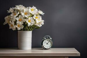 AI generated wooden bedside table with a vase of white flowers and an alarm clock, against a gray wall photo
