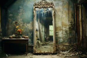 AI generated aged vintage mirror covered with cobwebs in an abandoned house photo