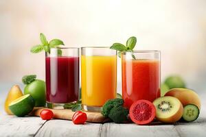 AI generated Close up image with three glasses full of fruit and berry juices surrounded by fruits and berries photo