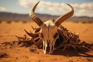 AI generated closeup of a skull with horns of antelope in the dried desert photo