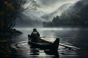 AI generated Lonely fisherman in a boat on a lake in dark gloomy cloudy weather against the backdrop of a mountain forest photo