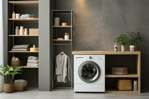 AI generated Modern laundry room interior with wooden gray cabinet in gray pastel colors photo