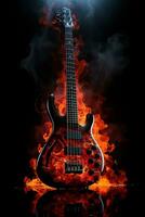 AI generated A vertical image of a cool modern bass guitar burning with a hot flame on a black background. Rock metal punk background photo