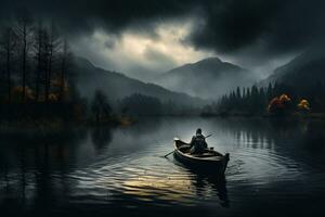 AI generated Lone fisherman in a boat at a lake at a dark foggy gloomy weather with mountain forest background photo