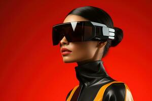 AI generated Young charming woman wearing futuristic virtual reality glasses on vivid red background photo