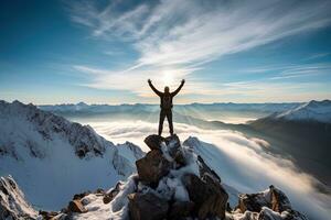 AI generated Rear view of a mountaineer raising his arms and standing on top of a rocky mountain among the clouds photo