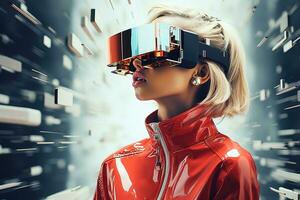 AI generated Young charming woman wearing futuristic virtual reality glasses on digital graphics background photo