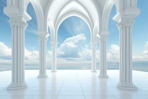 AI generated Corridor with white antique columns on a white floor against a cloudy sky photo