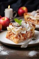 AI generated vertical image closeup of a piece of delicious homemade sweet apple pie on rustic background photo