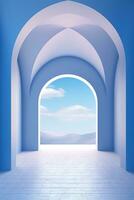 AI generated Vertical architectural background. A blue walls with a large arched passage with a clear sky at the end. photo