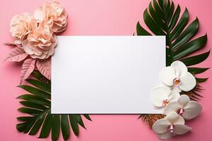 AI generated mockup white blank paper sheet with tropical leaves and flowers top view on pink background, floral template empty card flat lay for design with copy space photo