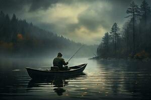 AI generated Lonely fisherman on a lake in dark gloomy weather against the backdrop of a mountain forest photo