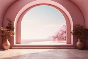 AI generated Architectural background. A pink wall with a large arched passage flanked by plants. photo