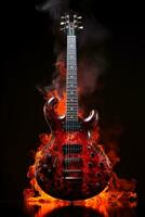 AI generated A vertical image of a cool bass guitar burning with a hot flame on a black background. Rock metal punk background photo