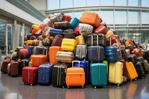 ai generado enorme pila de maletas de mano equipaje en el aeropuerto esperando habitación foto