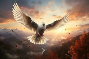 AI generated white pigeon flies against sunset background in mountain photo