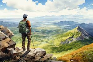 AI generated watercolor illustration of a hiker looking at a mountain valley back view photo