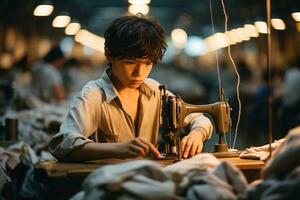 AI generated portrait of a boy working at night at a sewing machine in a garment factory photo