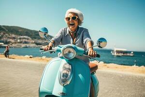 AI generated Elderly happy smiling woman in sunglasses riding a scooter at a beach on blurred nature background photo