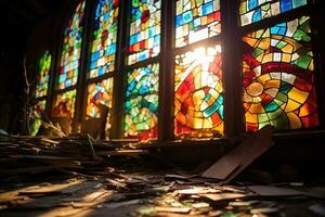 AI generated bright sunlight breaks through the old colorful stained glass window in an abandoned old building photo