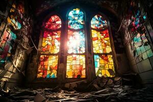 AI generated an old stained glass window through which bright sunlight breaks through the colored glass in abandoned old building photo
