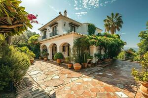 AI generated Large beautiful luxury white Mediterranean style family home under a bright blue sky surrounded by plants. photo