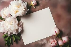 AI generated mockup white blank paper sheet with pink peonies top view, template empty card flat lay for design with copy space photo