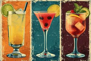 AI generated Illustration of three glasses with different fruit alcohol cocktails in retro vintage poster style photo