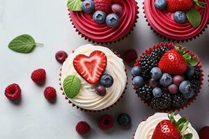 AI generated top view tasty cupcakes with cream, strawberries, raspberries and blueberries flatlay on a light concrete background photo