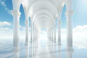 AI generated Long corridor with white antique columns on a white floor against a cloudy sky photo