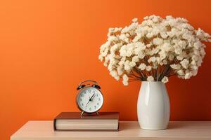 AI generated wooden bedside table with a vase of white flowers, books and an alarm clock, against a bright orange wall photo