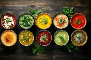 AI generated Bowls of different soups on wooden backgrounds, Assortment of colored vegetable cream soups, Dietary food, soup with cream and parsley, Ai generated photo