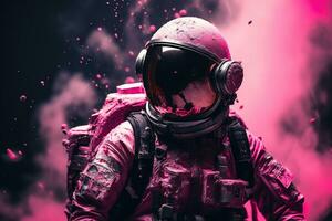 AI generated astronaut in a pink spacesuit and helmet against a background of pink smoke photo