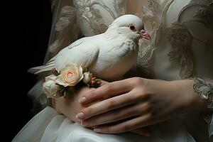 AI generated closeup of a white dove in hands of bride photo