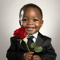 ai generado adorable sonriente pequeño bebé chico en un negro negocio traje participación un rojo Rosa en su manos, aislado en un blanco antecedentes foto