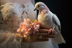 AI generated closeup of a white dove in hands of bride photo