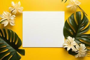 AI generated mockup white blank paper sheet with tropical leaves and flowers top view on bright yellow background, template empty card flat lay for design with copy space photo