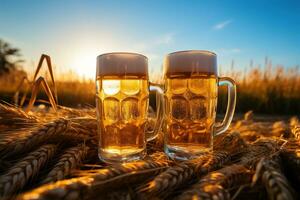 ai generado dos vaso de cerveza en un trigo campo en puesta de sol foto