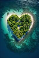 AI generated vertical image aerial photo of remote tropical paradise island in heart shape top view